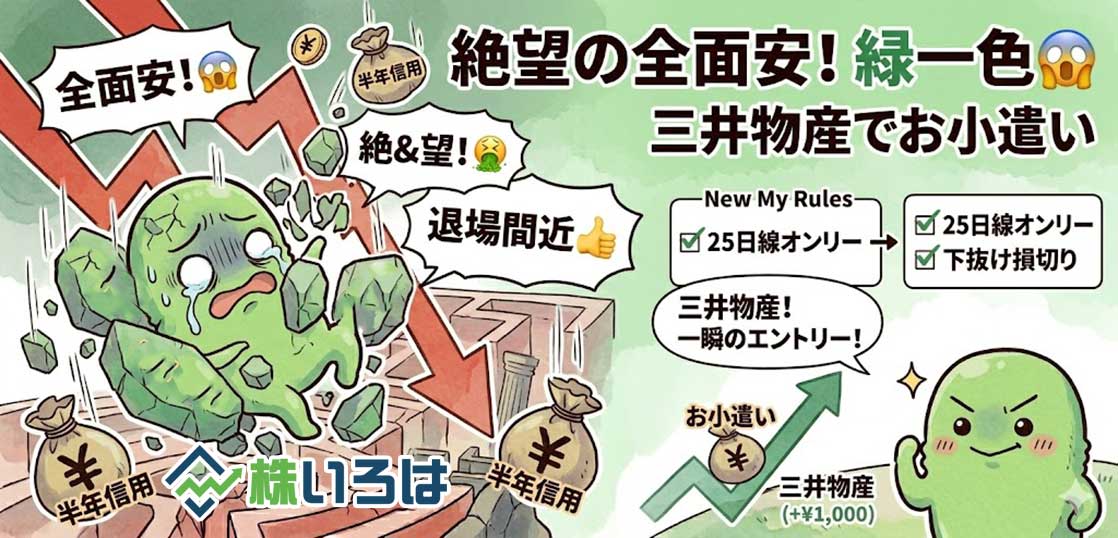 【デイトレブログ】絶望の全面安！緑に染まった株価ボードと三井物産でお小遣い稼ぎ